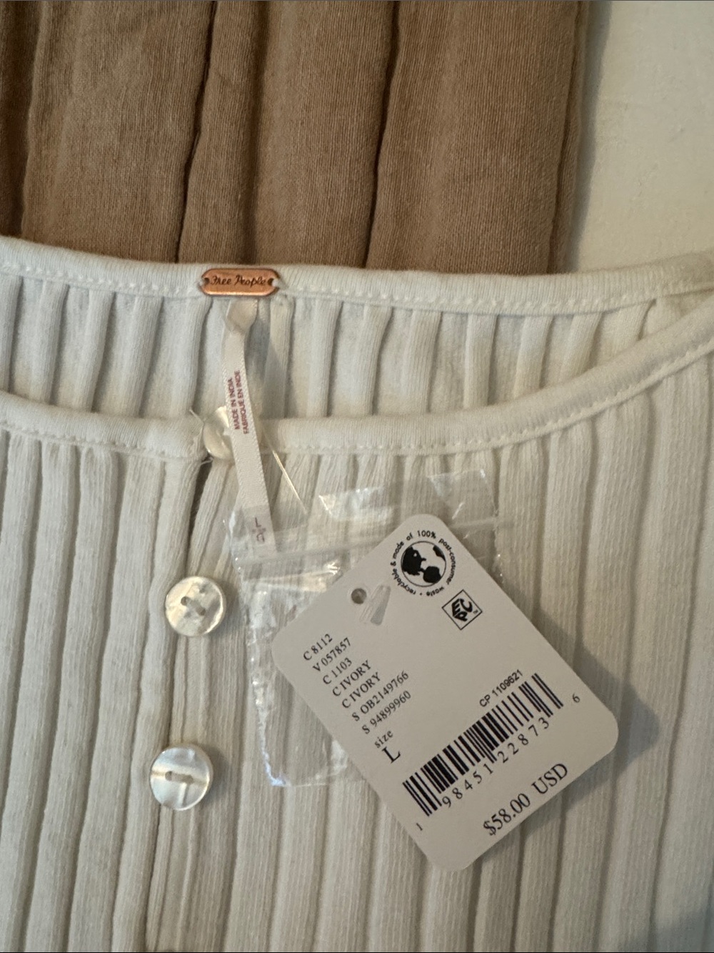 Free People Ribbed Button-Front Long Sleeve Top - White - Picture 2 of 3